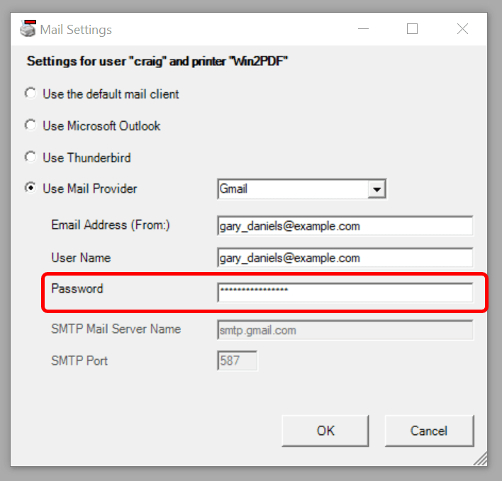Configure Win2PDF Gmail Password